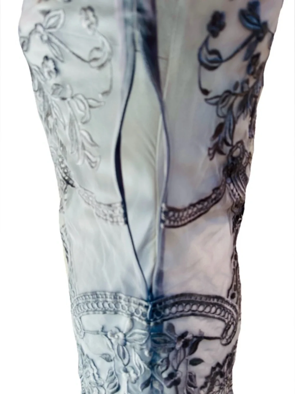 Silver Floral Embroidered Sheer Midi Dress satin Slip Sz S Ruffled Hem Wedding